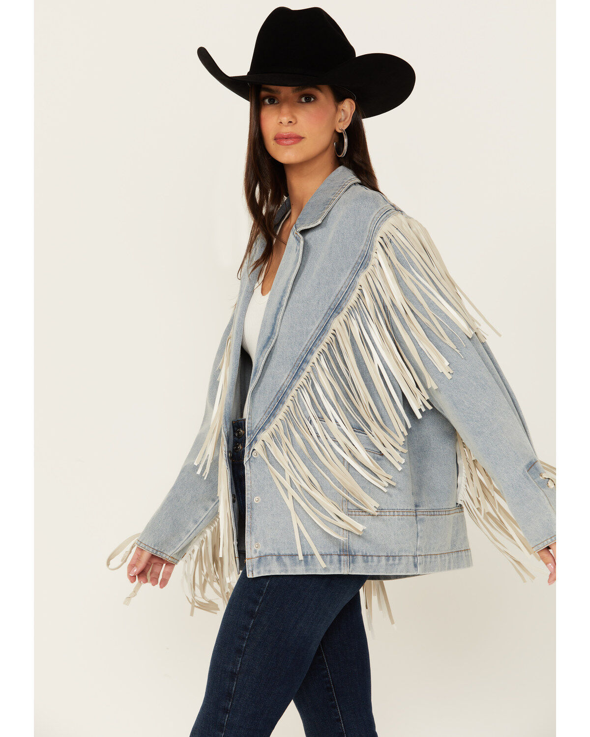 Saints & Hearts Women's Light Wash Denim Fringe Blazer