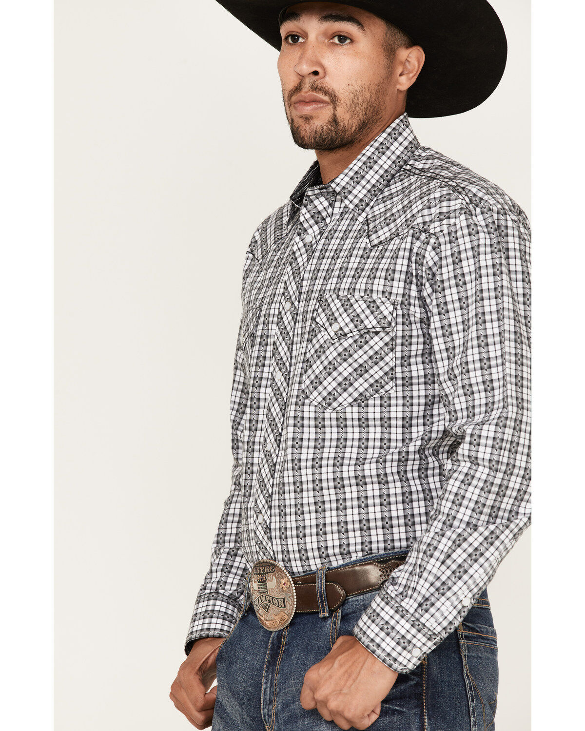Rough Stock By Panhandle Men's Dobby Small Plaid Print Long Sleeve Pearl Snap Western Shirt