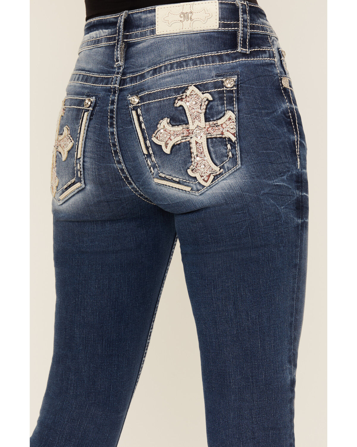 Miss Me Women's Dark Wash Mid Rise Cross Pocket Slim Bootcut Stretch Denim Jeans