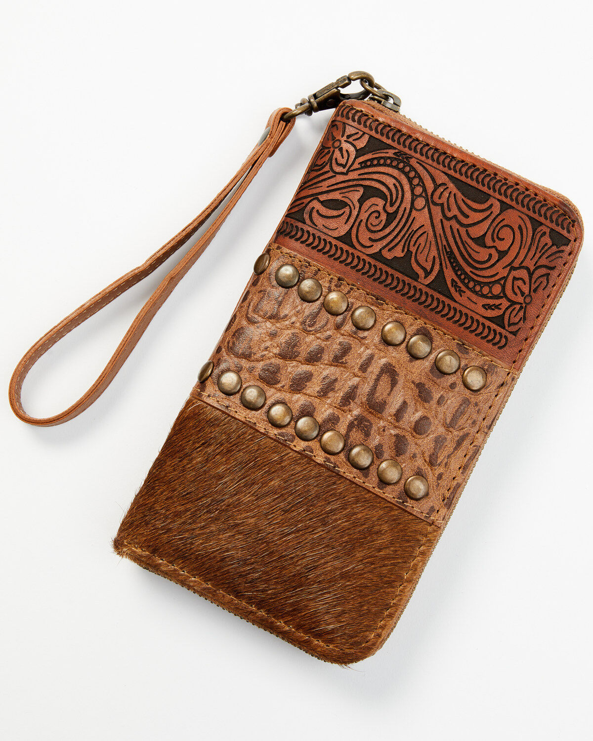 Shyanne Women's Brown Patchwork Hair-On & Tooled Wristlet Wallet