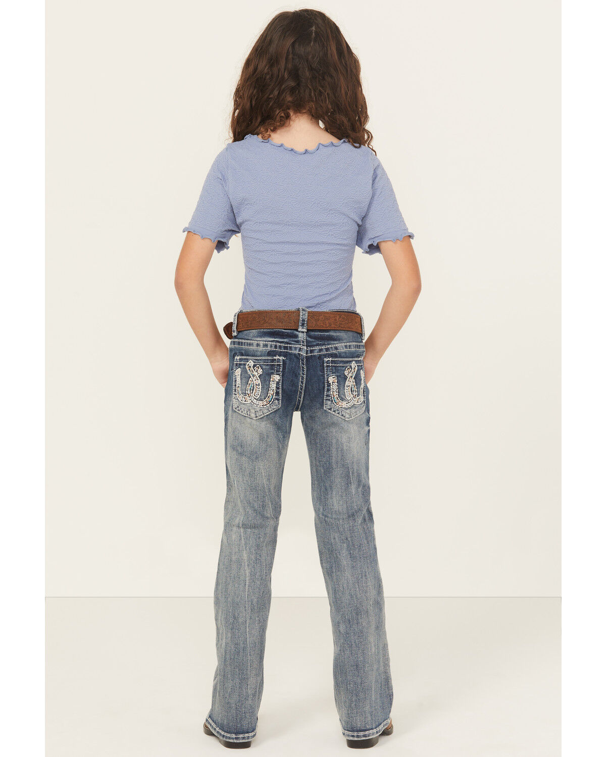 Grace in LA Little Girls' Light Wash Double Horseshoe Pocket Bootcut Stretch Denim Jeans