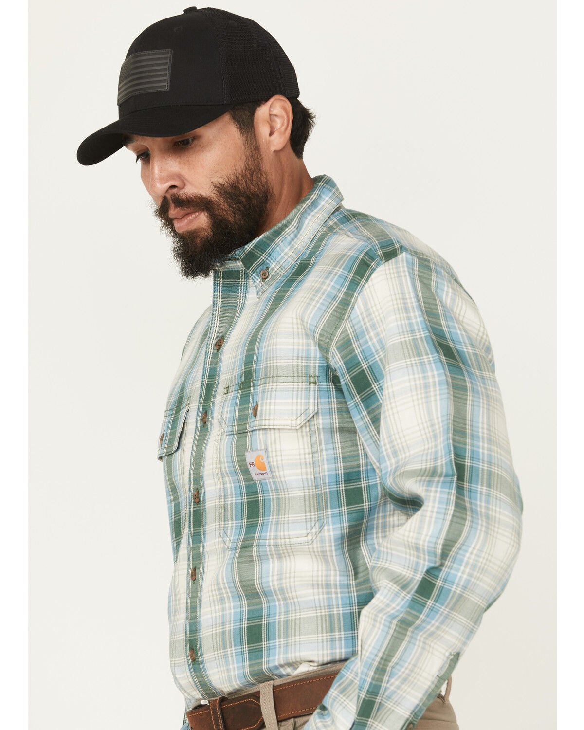 Carhart Men's FR Force Rugged FleX&trade; Loose Fit Midweight Plaid Print Long Sleeve Button-Down Work Shirt