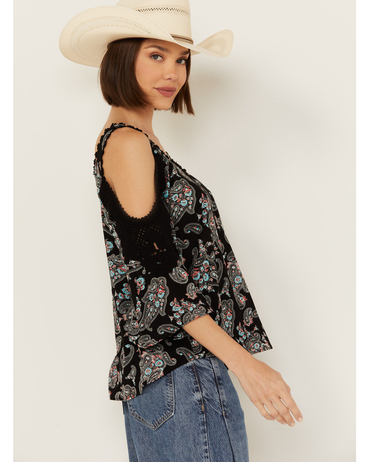 Wild Moss Women's Paisley Print Crochet Cold Shoulder Top