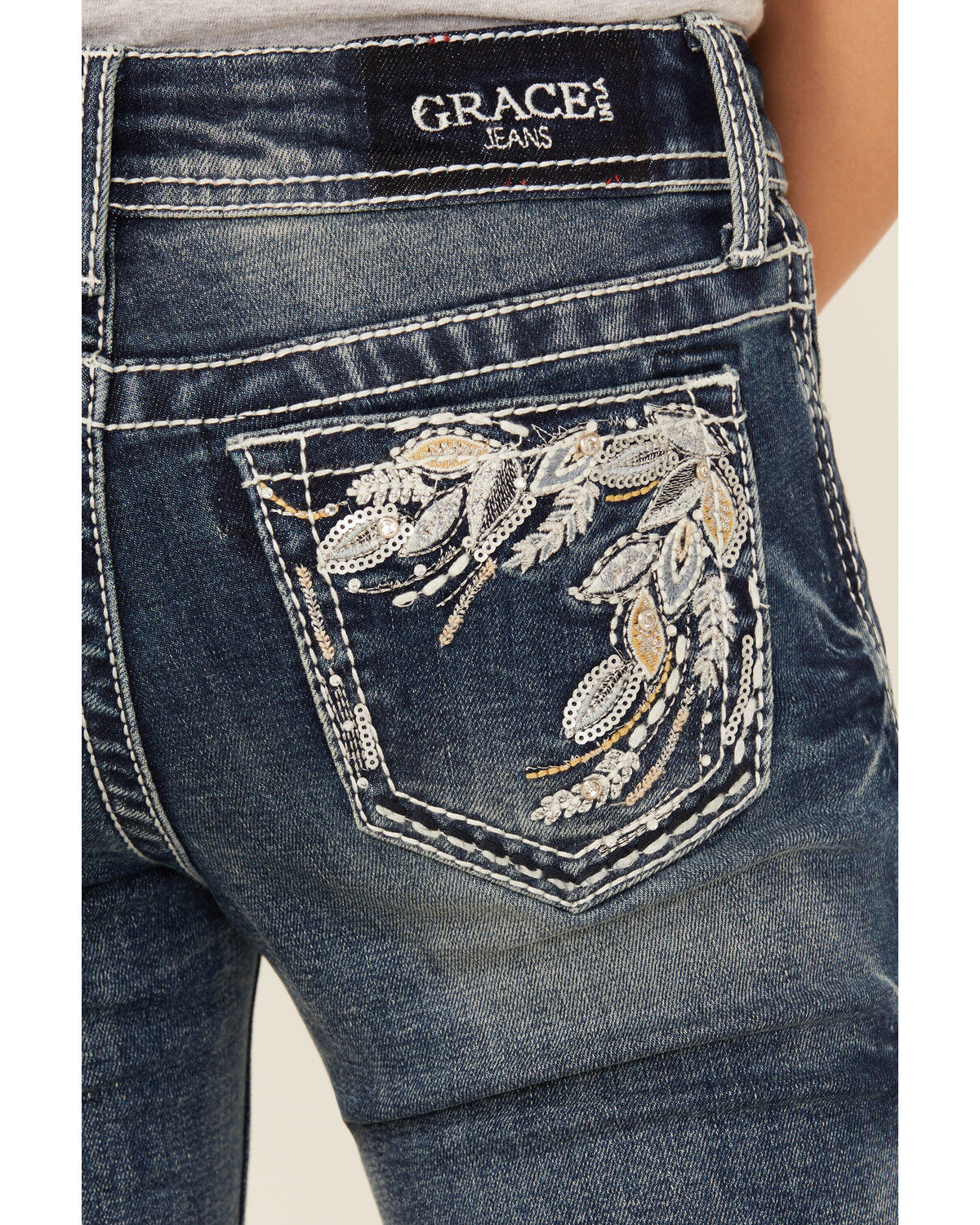 Grace In LA Girls' Leaf Embroidered Flare Stretch Denim Jeans