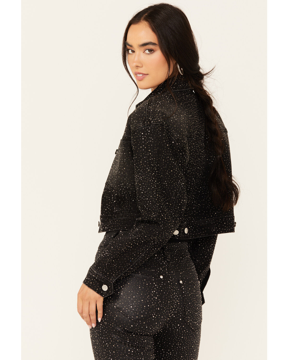 Vibrant Denim Women's Rhinestone Cropped Denim Trucker Jacket