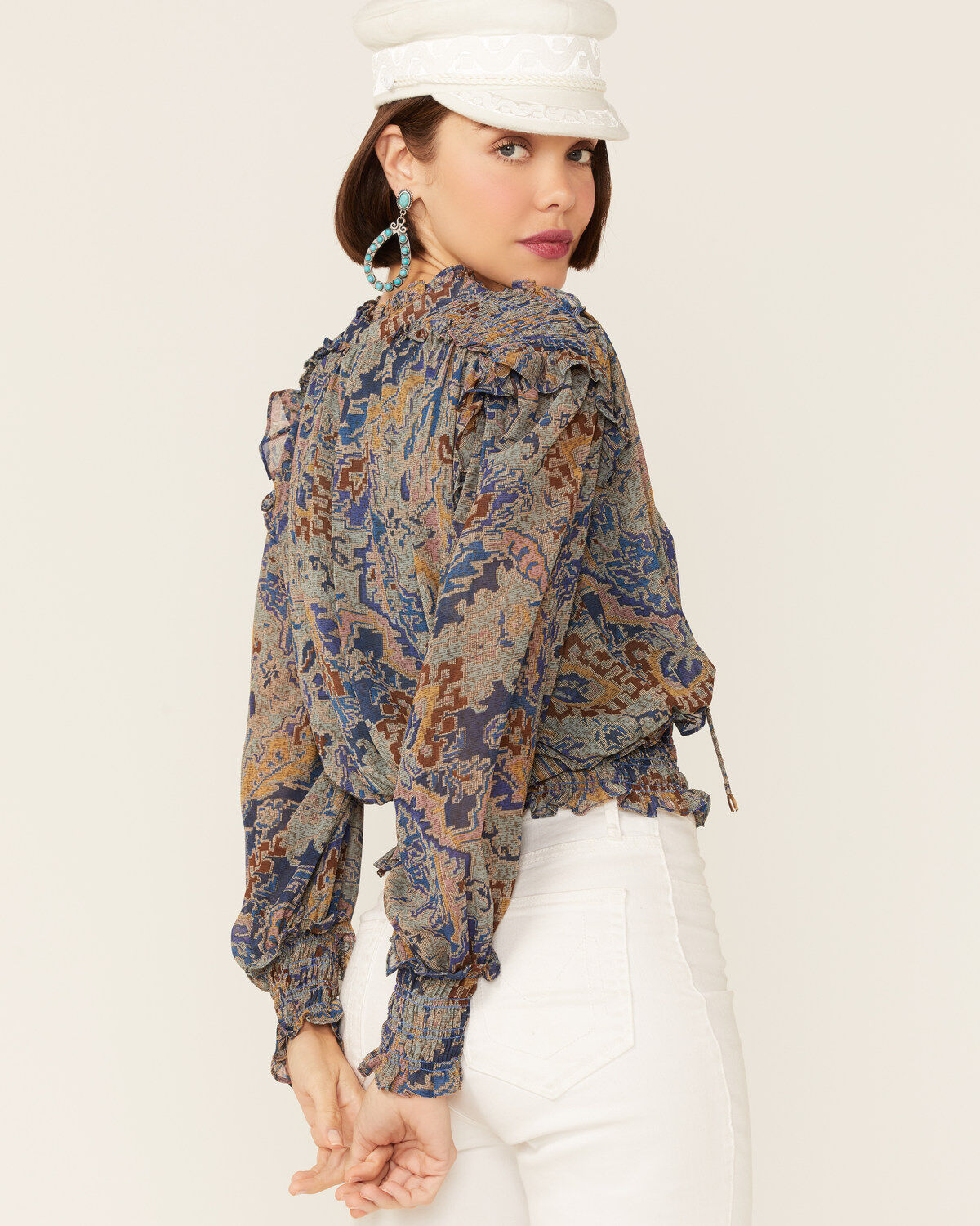 Revel Women's Tapestry Print Smocked Long Sleeve Top