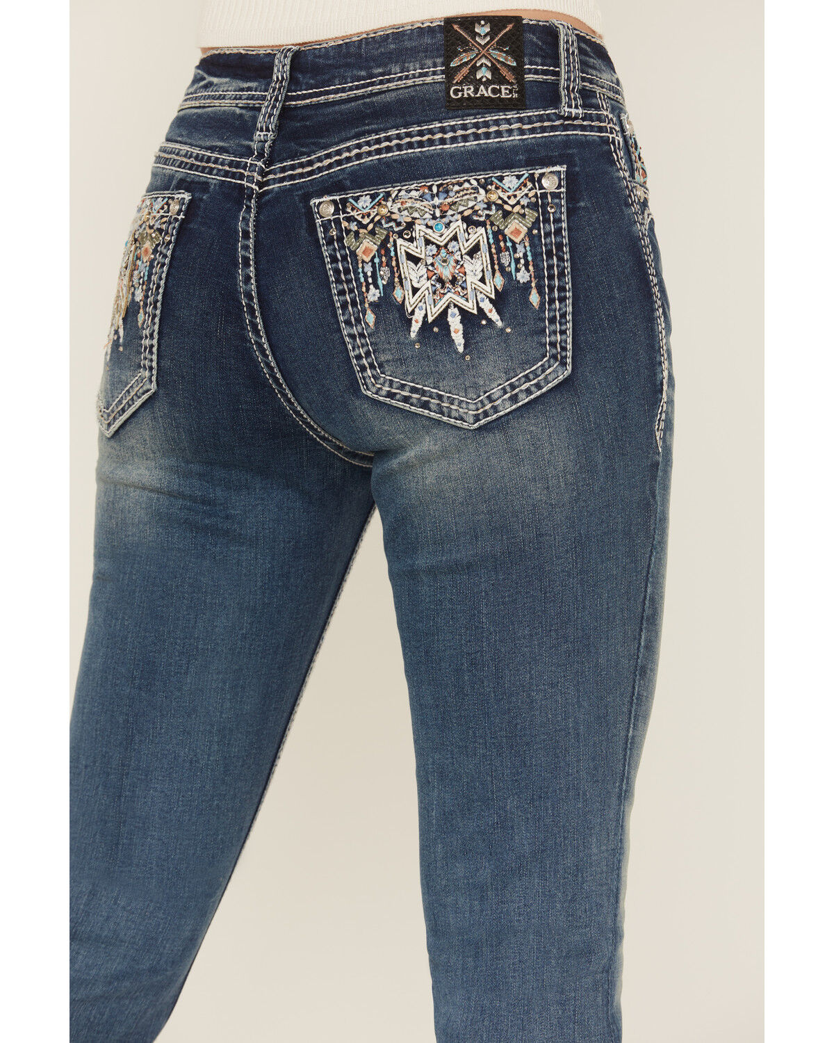 Grace in LA Women's Medium Wash Geo Print Embroidered Bootcut Stretch Denim Jeans