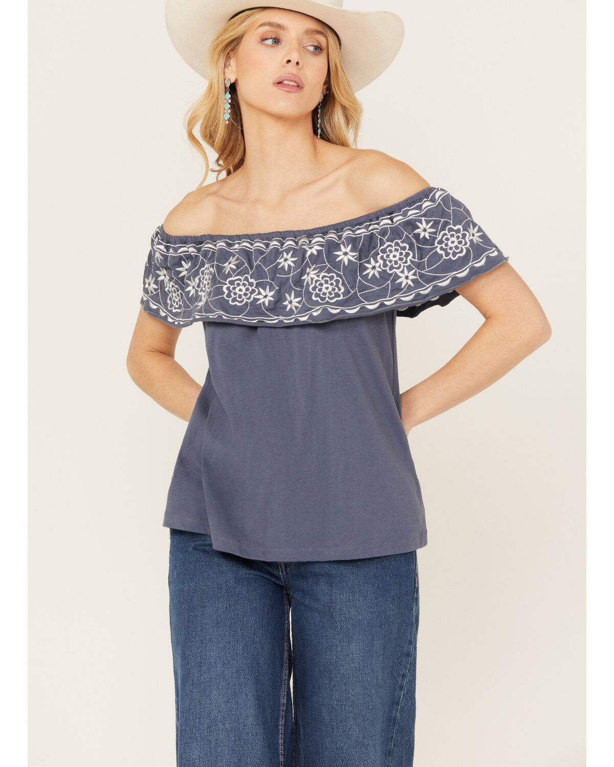 Panhandle Women's Off The Shoulder Floral Embroidered Top