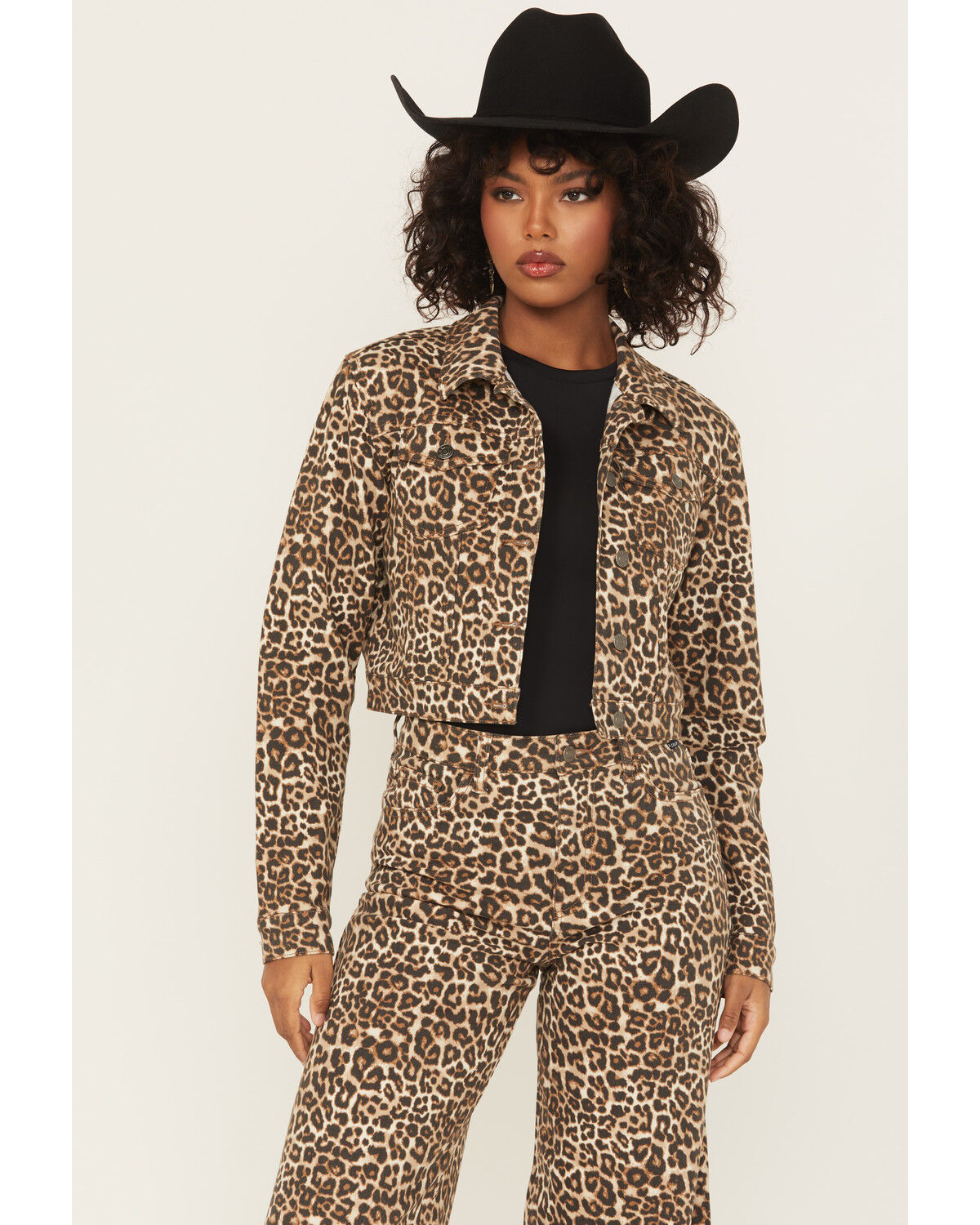 Cello Women's Leopard Print Oversized Cropped Denim Jacket