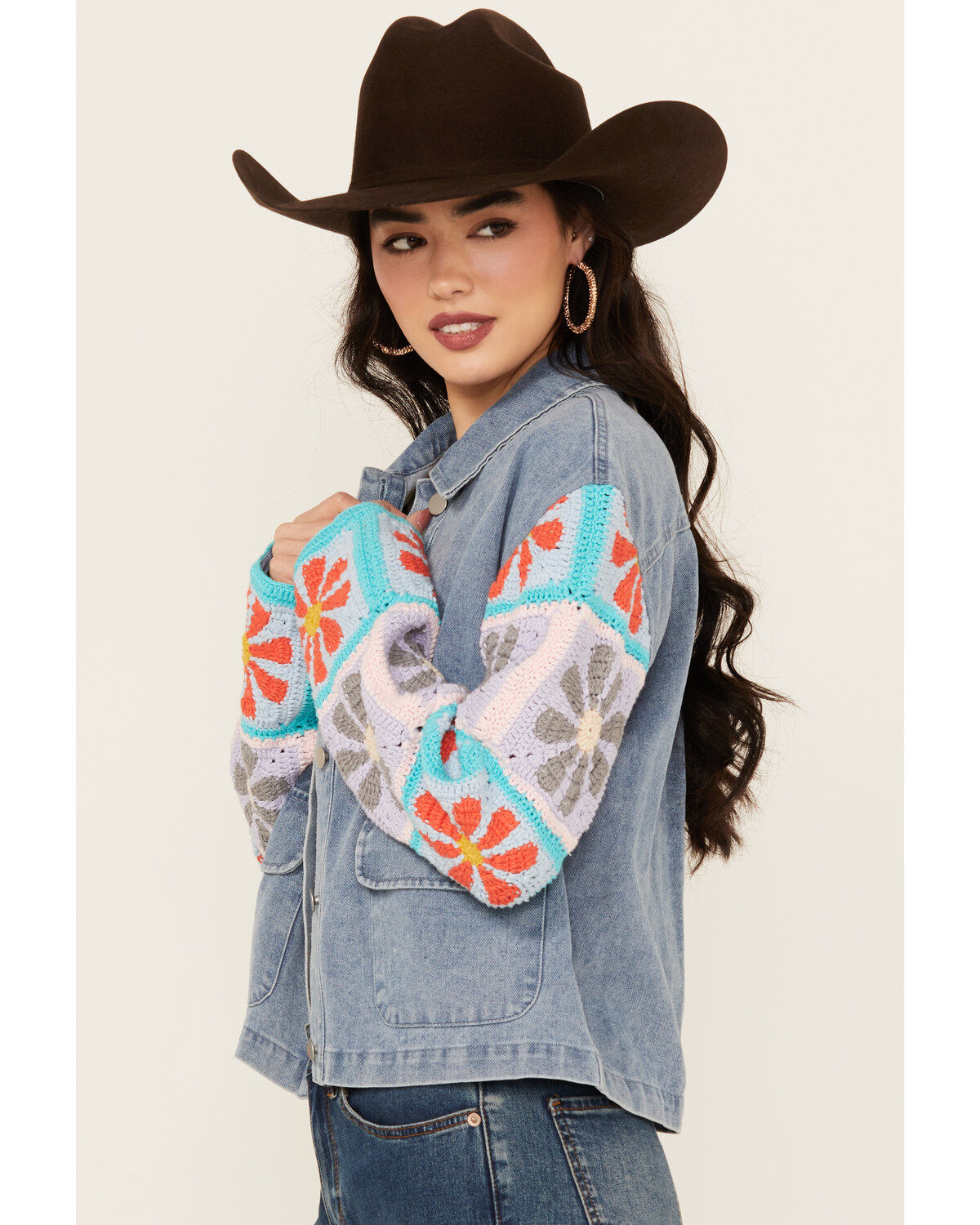 Mystree Women's Crochet Sleeve Medium Wash Denim Jacket