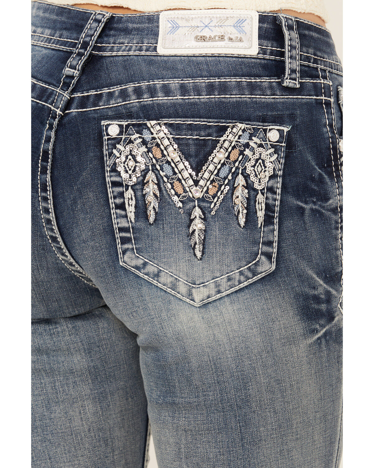 Grace In LA Women's Medium Wash Dreamcatcher Sequin Bootcut Stretch Denim Jeans