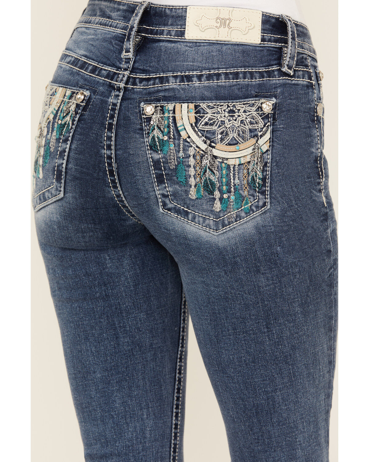 Miss Me Women's Dark Wash Mid Rise Dreamcatcher Pocket Bootcut Stretch Denim Jeans