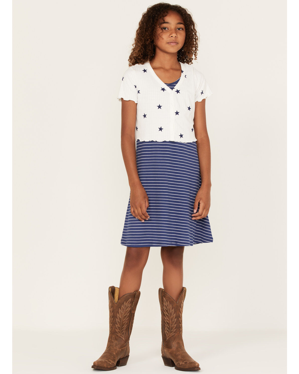 Self Esteem Girls' Star Print Cardigan & Stripe Dress Set - 2-Piece