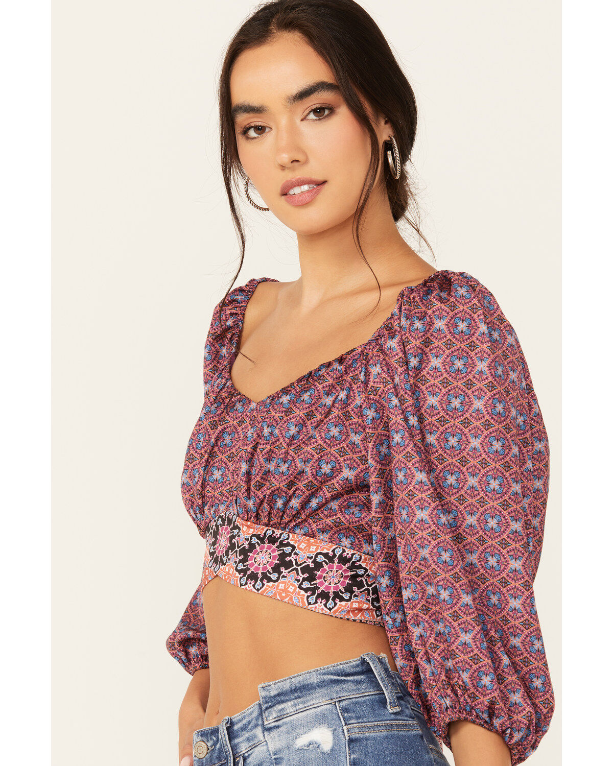 Beyond The Radar Women's Border Print Tie Back Top