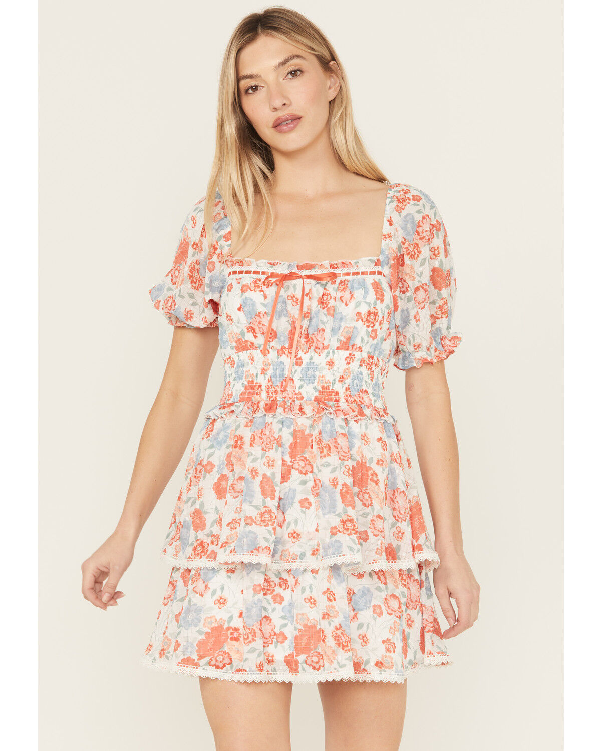 Ash & Violet Women's Floral Print Short Sleeve Lace Trim Mini Dress