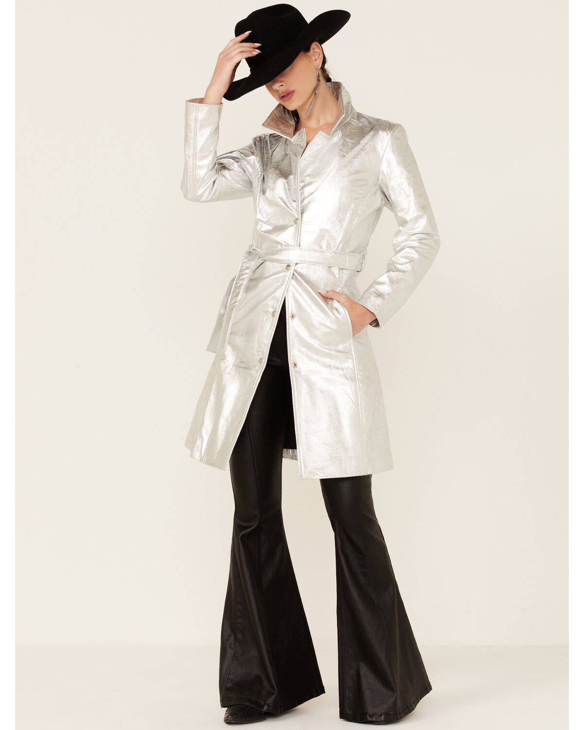 Understated Leather Women's Silver Metallic Moondust Trench Coat