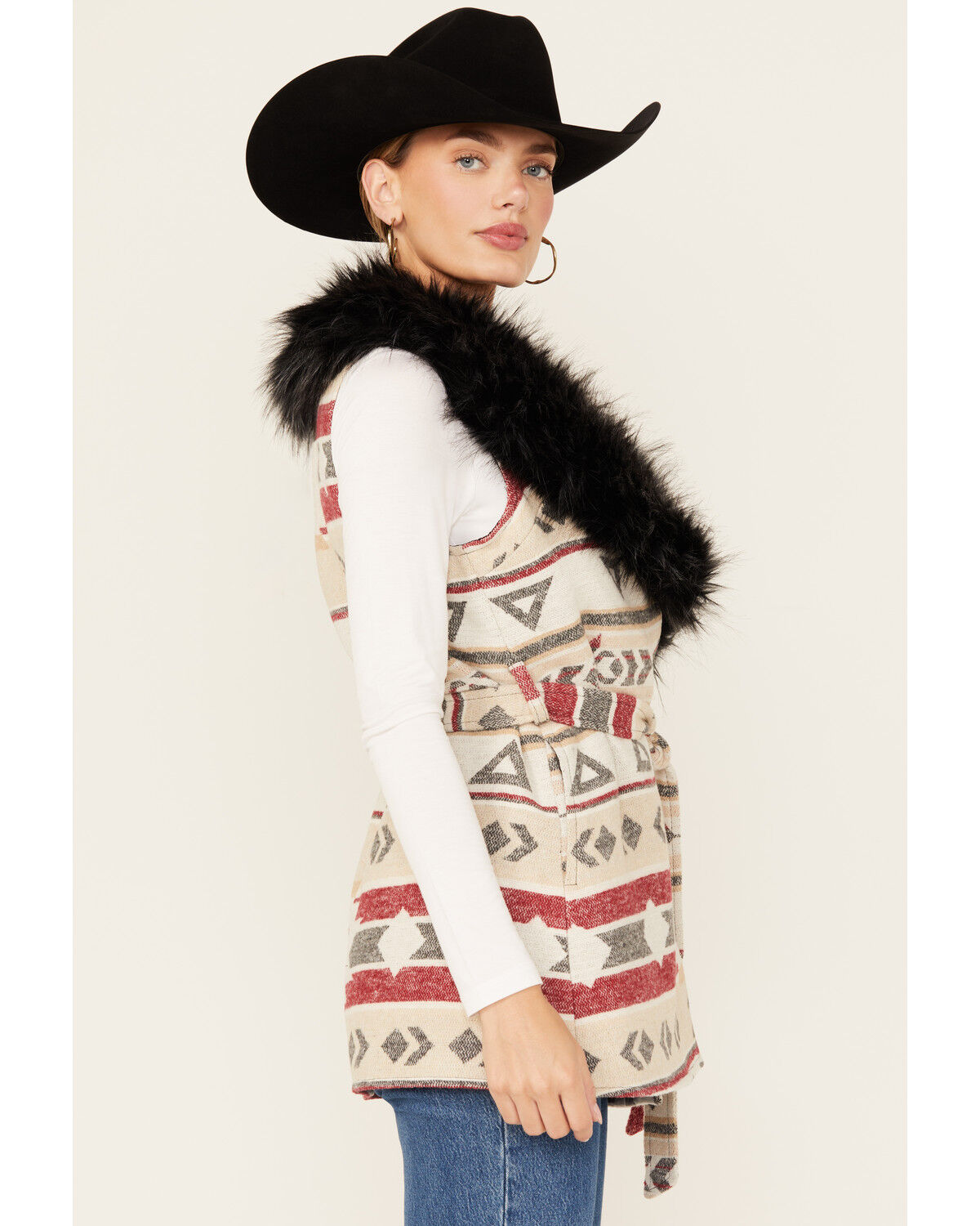 Cripple Creek Women's Southwestern Print Fur Collar Wrap Vest
