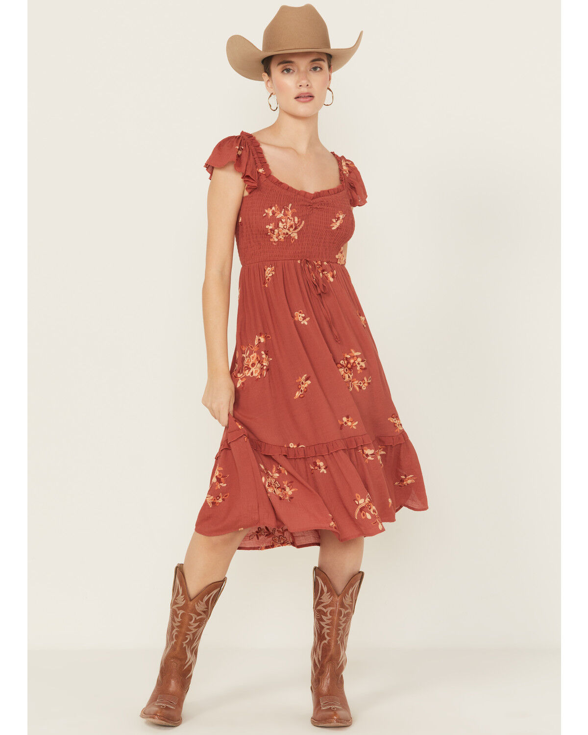 Wild Moss Women's Floral Embroidered Short Sleeve Midi Dress