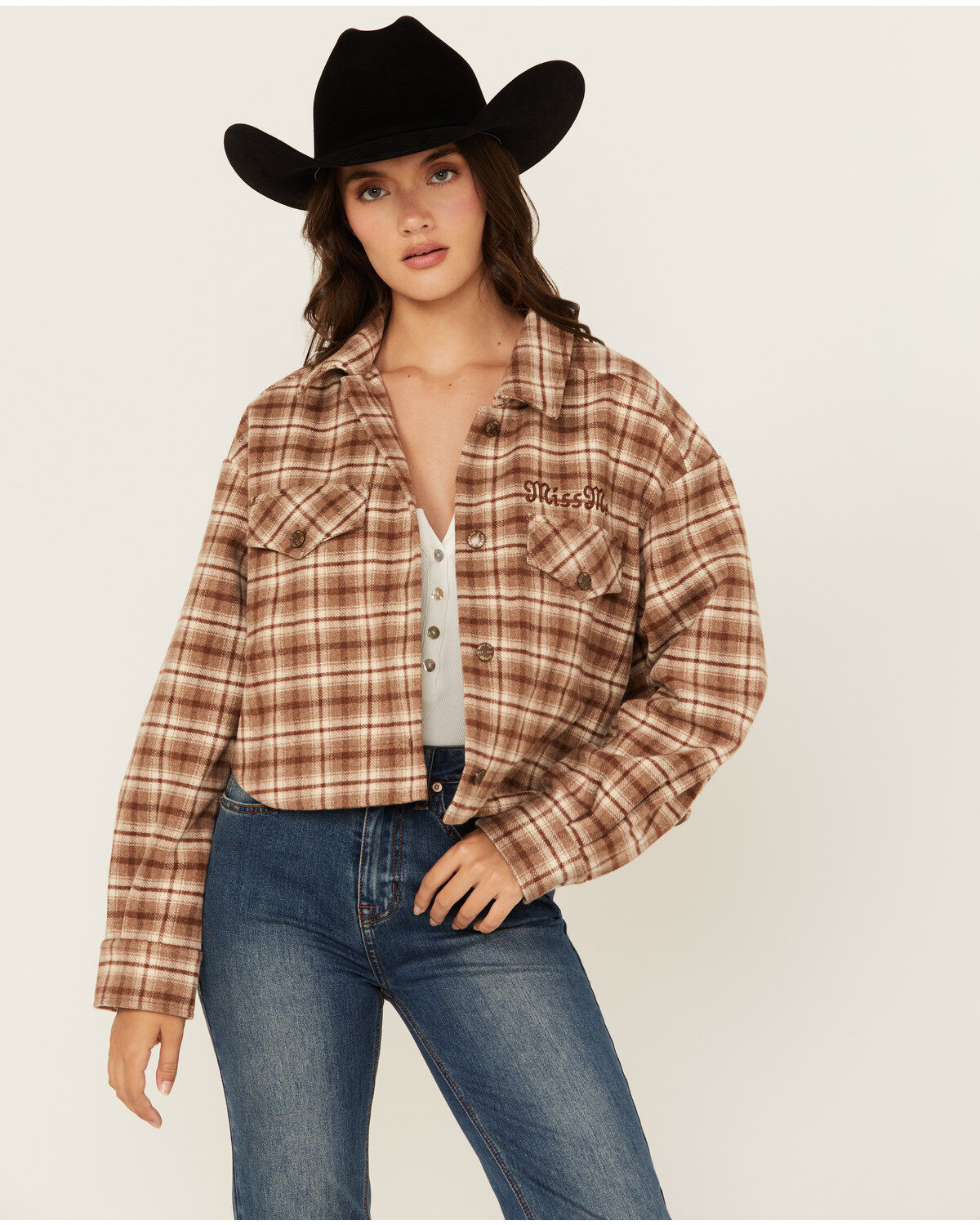 Miss Me Women's Plaid Print Button-Down Cropped Shacket