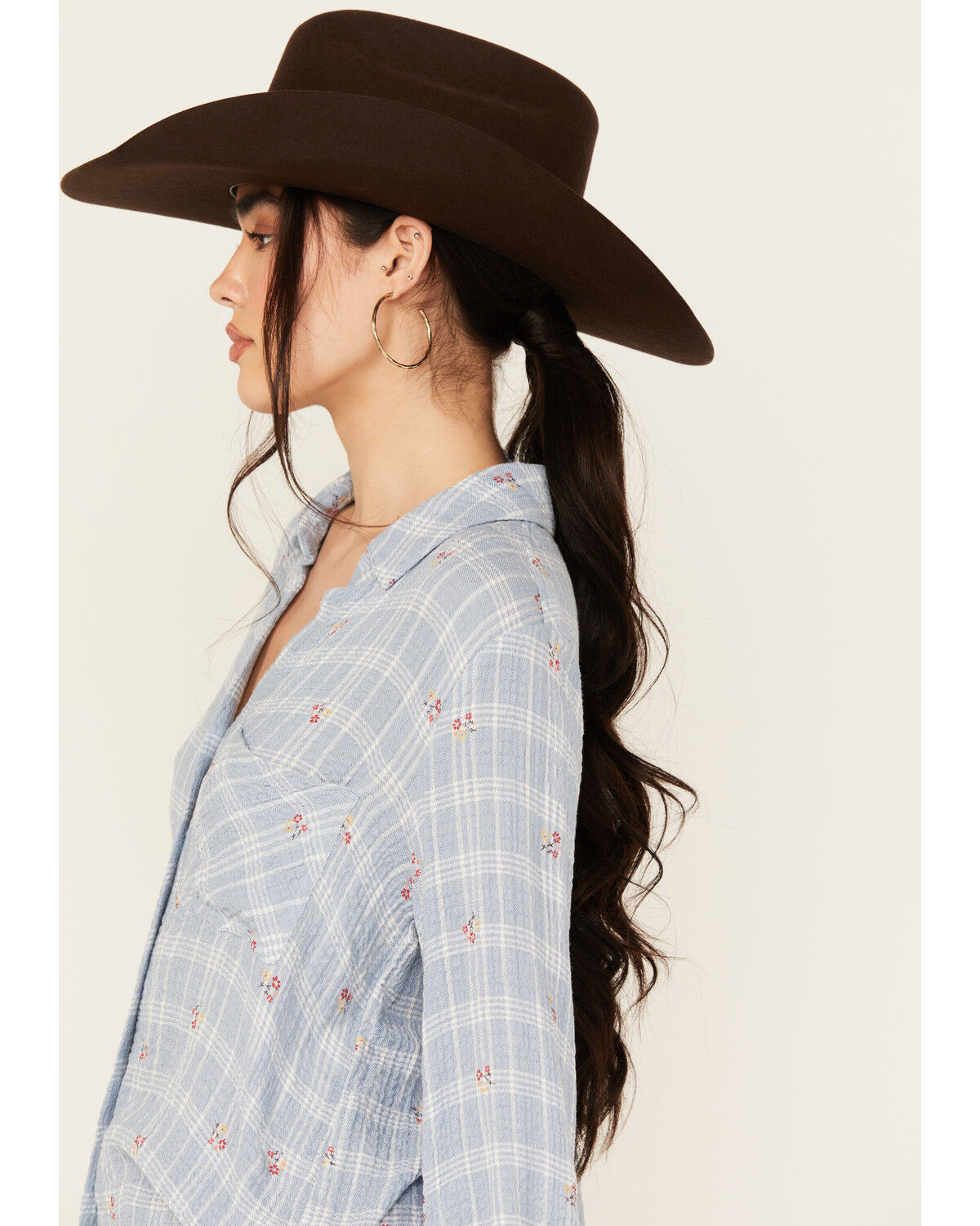 Beyond The Radar Women's Plaid Print Floral Long Sleeve Button-Down Shirt