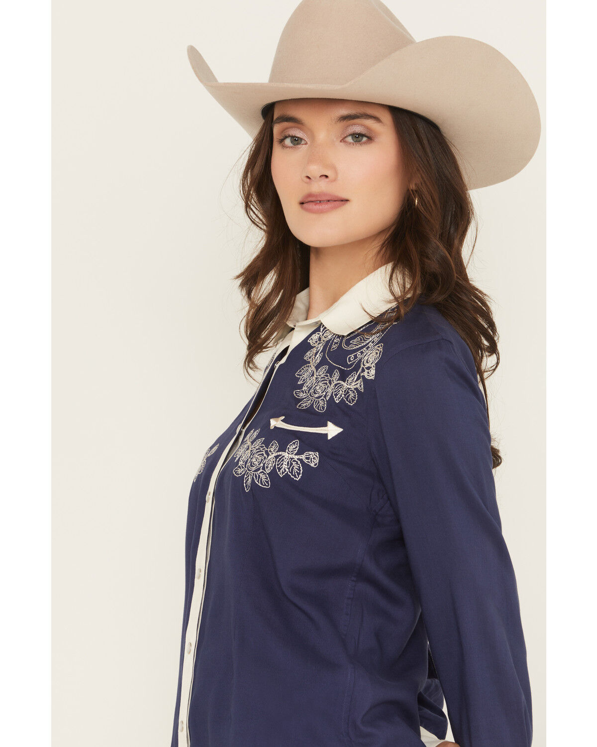 Panhandle Women's Retro Floral & Horse Embroidered Long Sleeve Pearl Snap Western Shirt