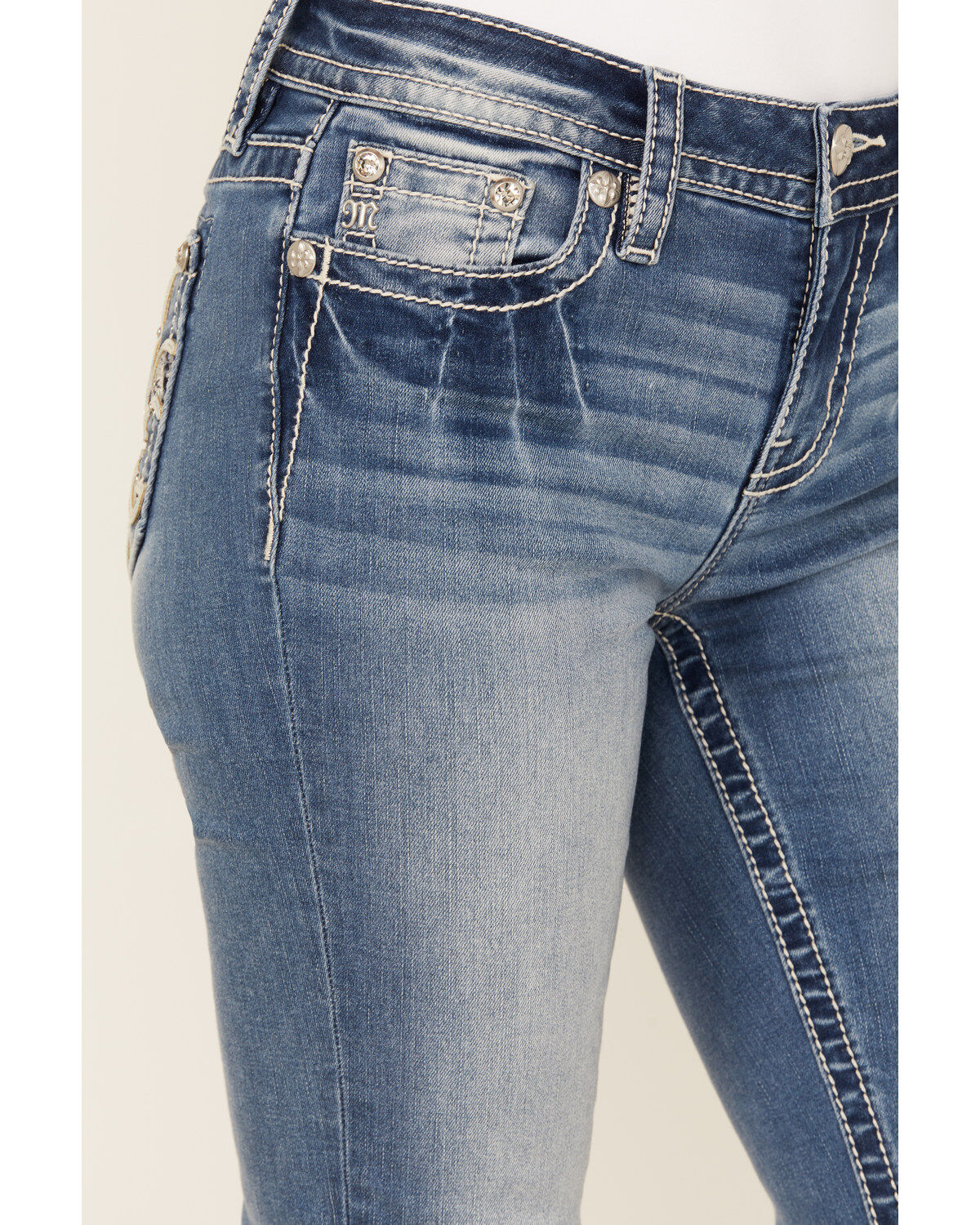 Miss Me Women's Fleur de Lis Medium Wash Mid Rise Bootcut Stretch Denim Jeans