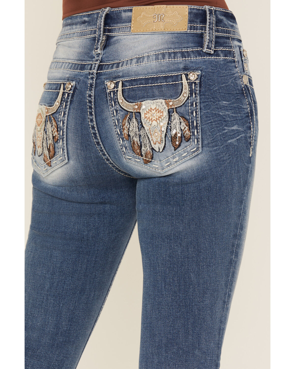 Miss Me Women's Medium Wash Mid Rise Steer Head Bootcut Stretch Denim Jeans