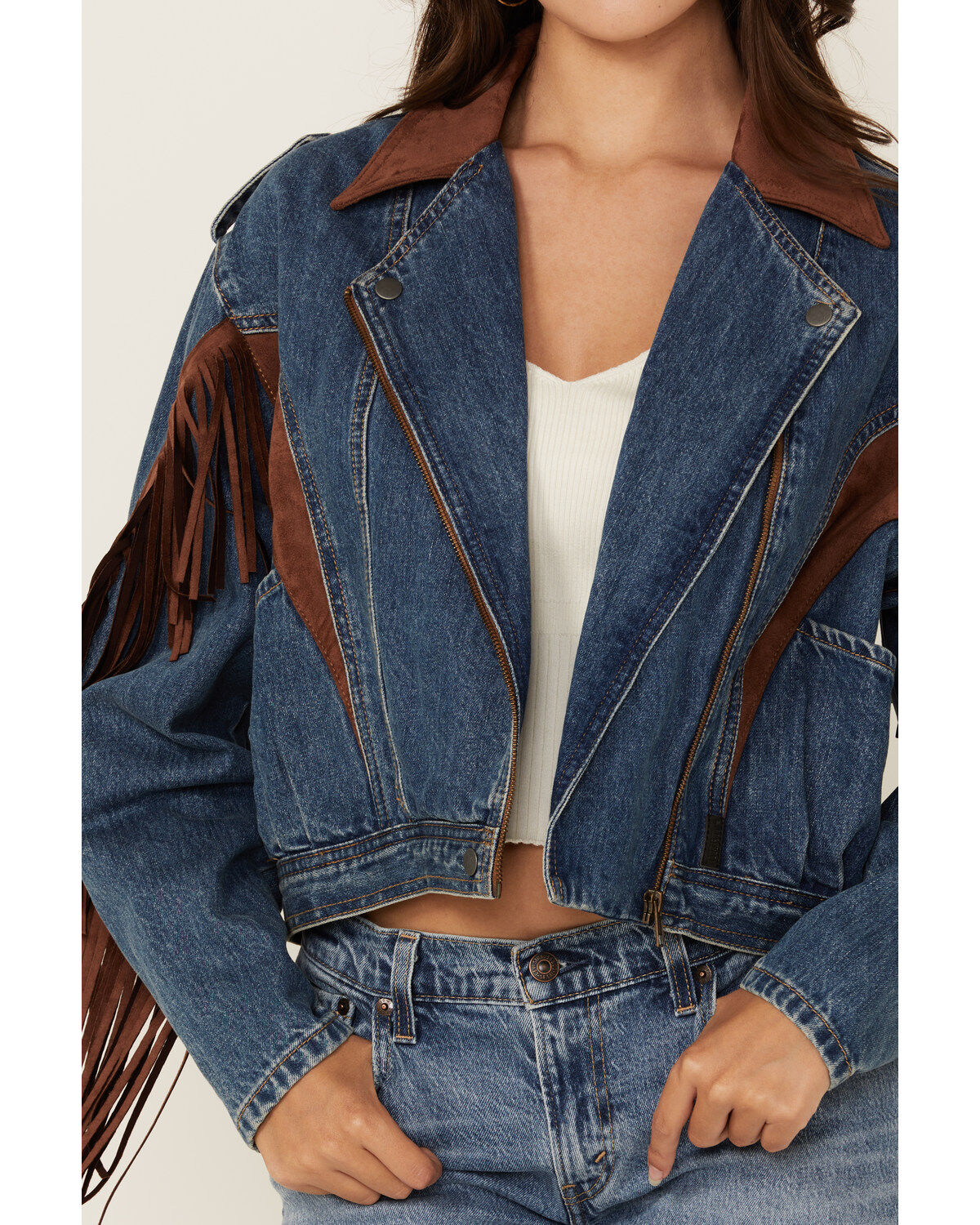 Rock & Roll Denim Women's Medium Wash Faux Suede Fringe Denim Jacket