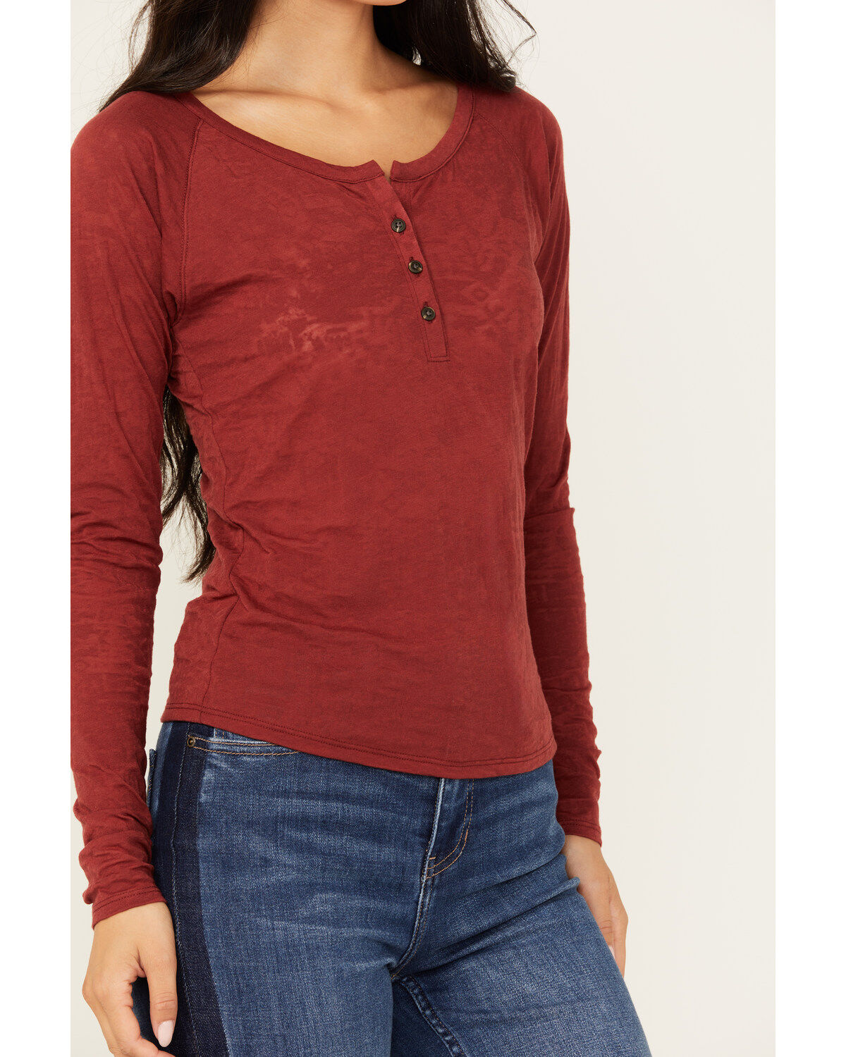 Shyanne Women's Long Sleeve Southwest Burnout Print Henley Shirt