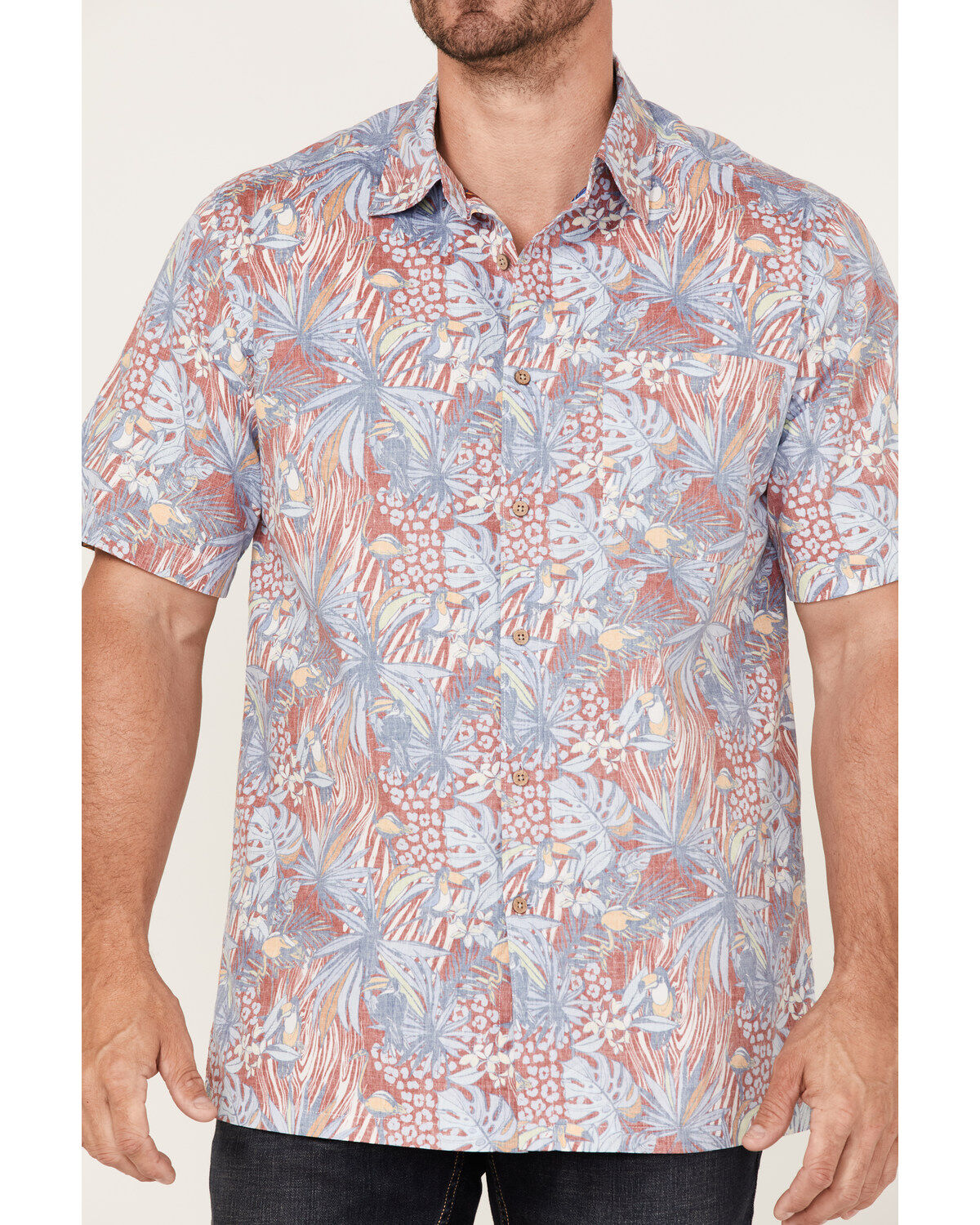Scully Men's Birds Of Paradise Floral Print Short Sleeve Button Down Western Shirt