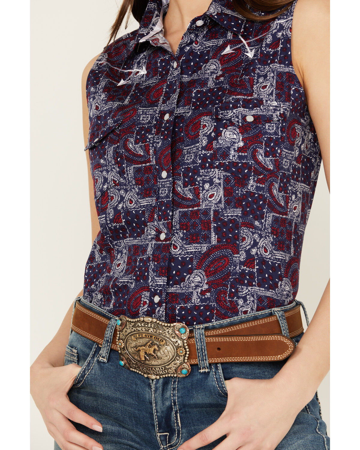 Rough Stock by Panhandle Women's Distressed Handkerchief Sleeveless Pearl Snap Shirt