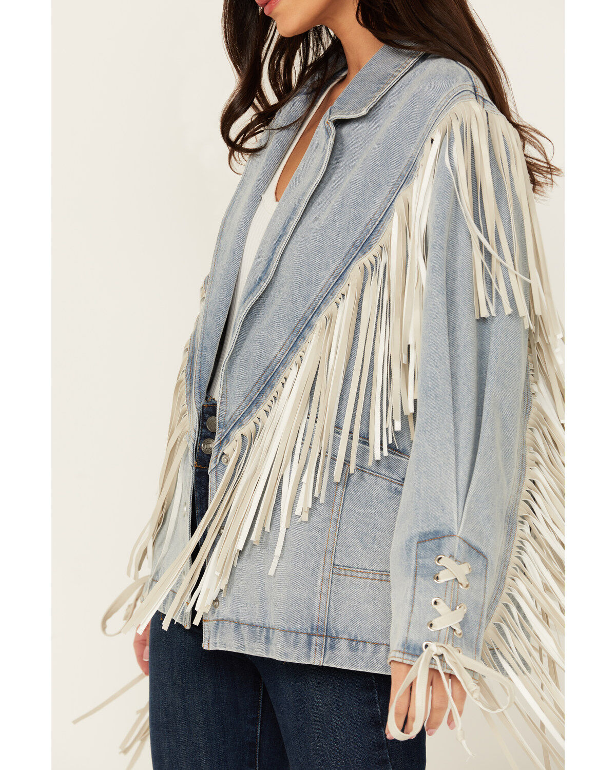 Saints & Hearts Women's Light Wash Denim Fringe Blazer