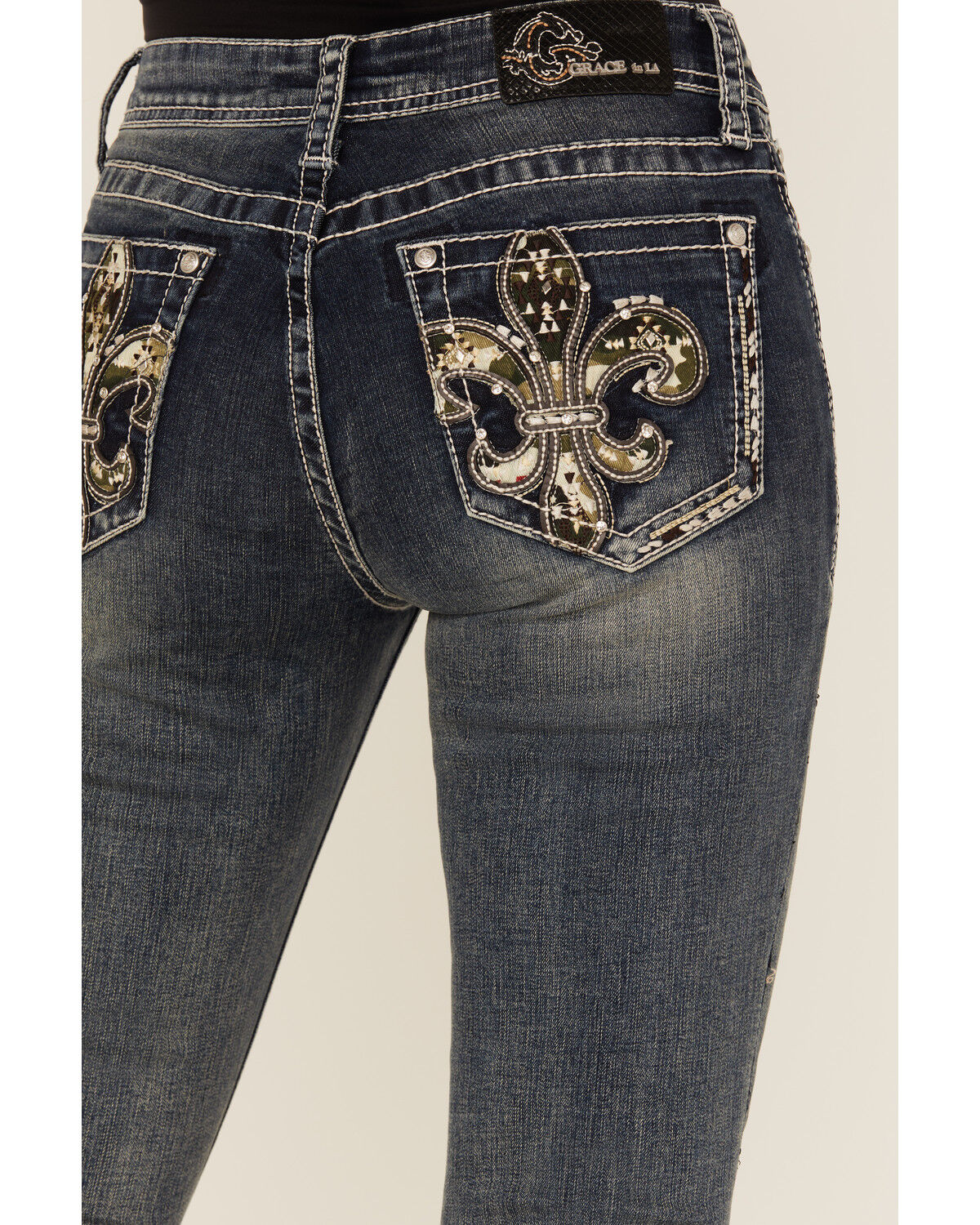 Grace In LA Women's Medium Wash Camo Fleur De Lis Embroidered Mid Rise Bootcut Stretch Denim Jeans