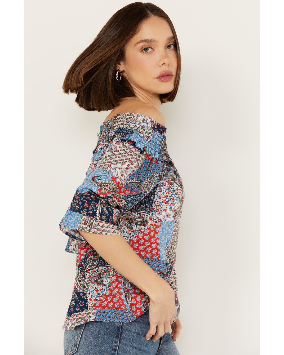 Wild Moss Women's Patchwork Print Off The Shoulder Top