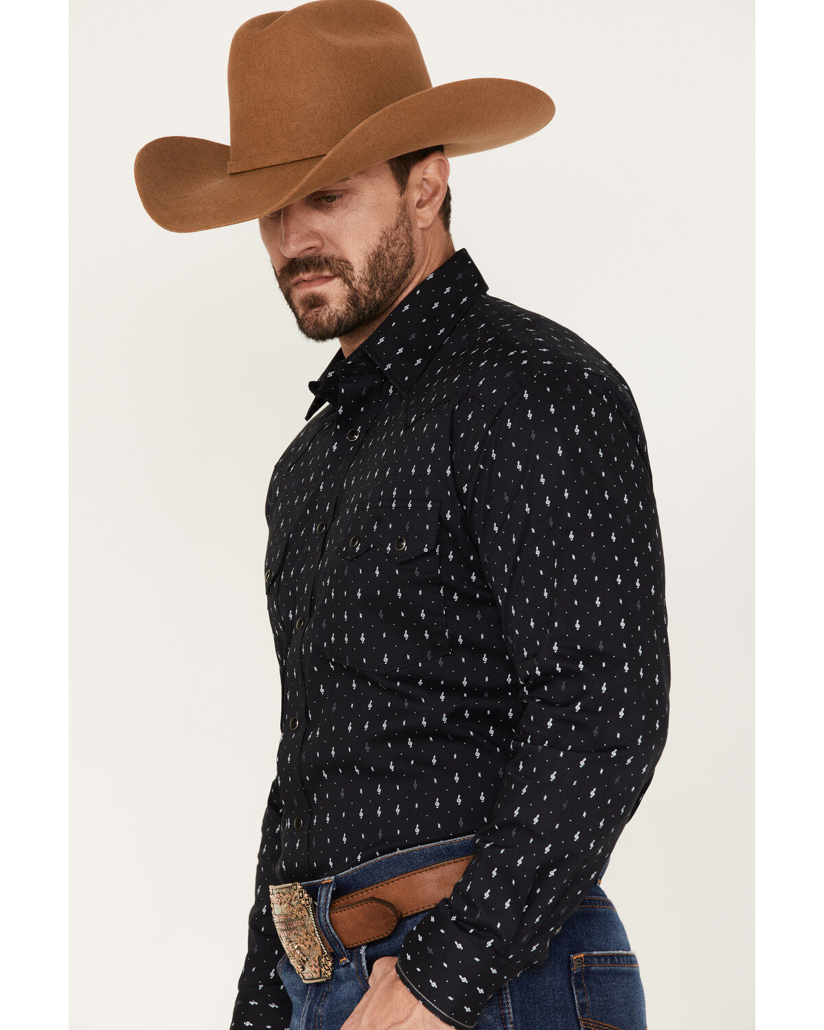Rough Stock by Panhandle Men's Music Note Geo Print Long Sleeve Stretch Western Shirt