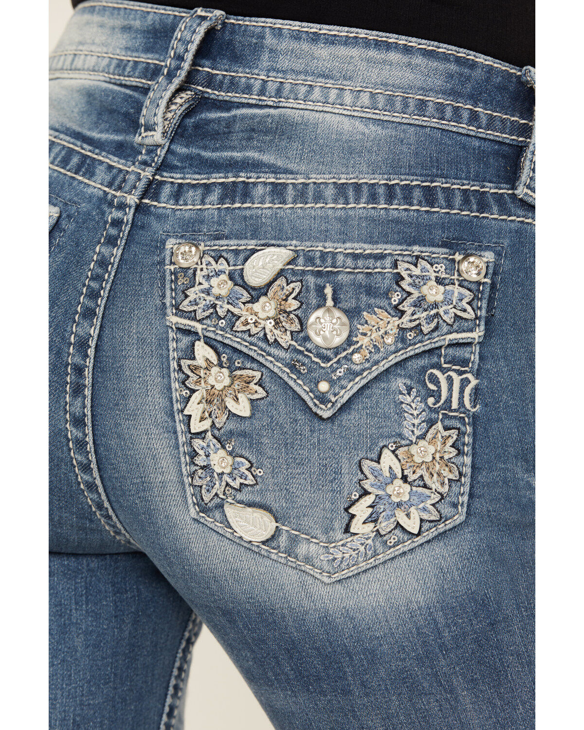 Miss Me Women's Medium Wash Mid Rise Floral Pocket Bootcut Stretch Denim Jeans