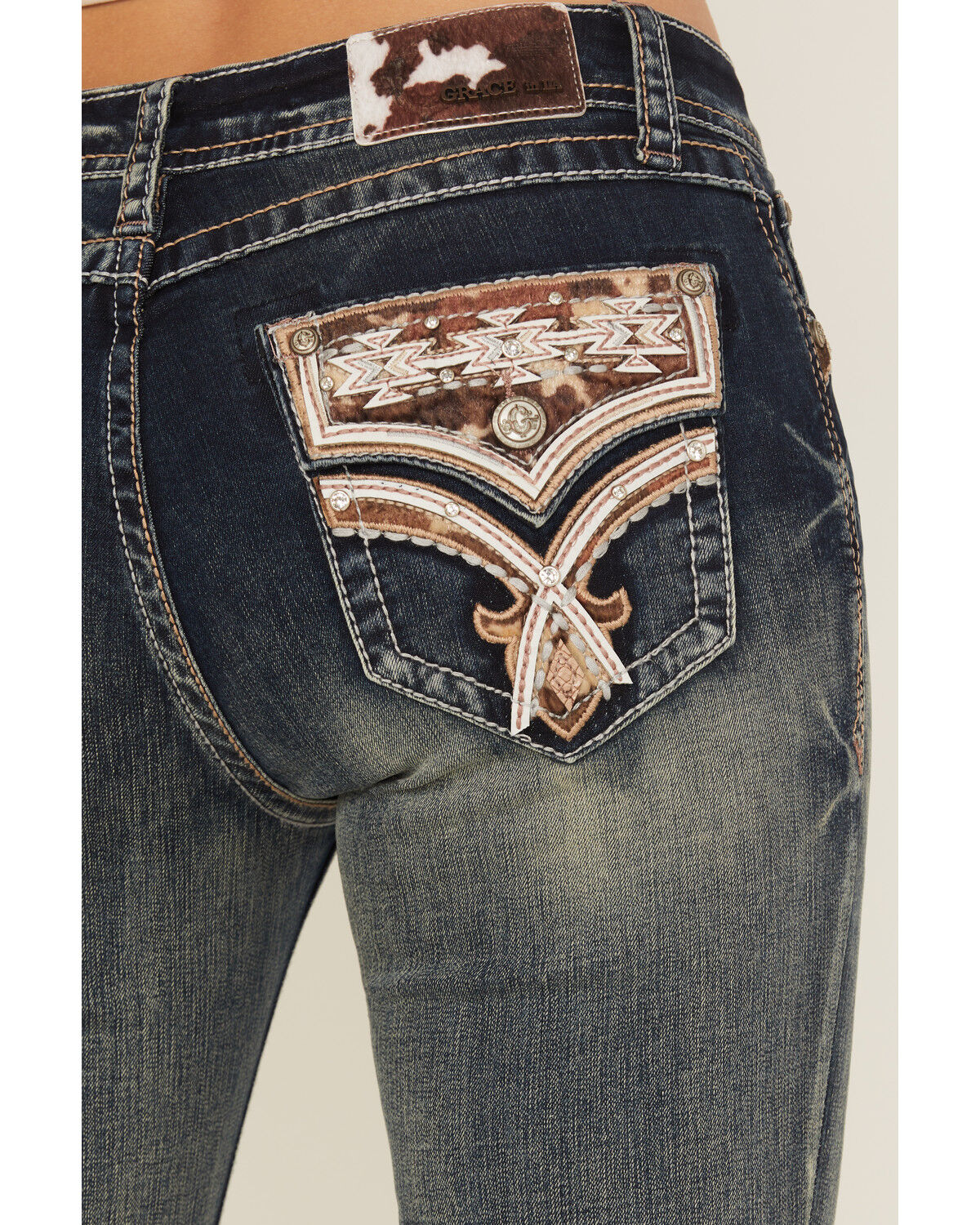 Grace in LA Women's Light Wash Cowhide Pockets Mid Rise Stretch Denim Jeans