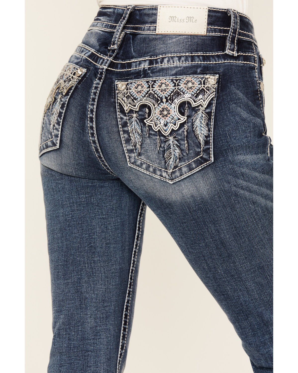 Miss Me Women's Dark Rise Mid Wash Geo Feather Pocket Bootcut Stretched Denim Jeans