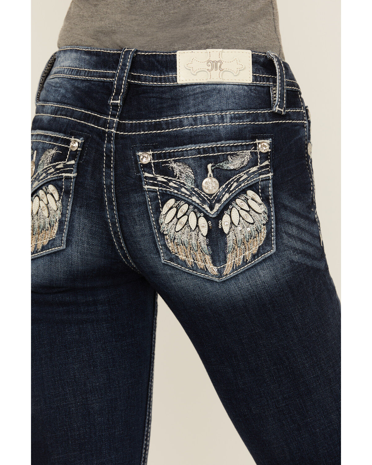 Miss Me Women's Dark Wash Mid Rise Wing Pocket Bootcut Stretch Denim Jeans