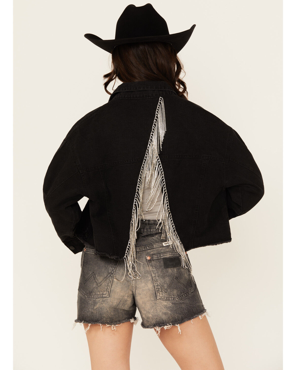 Blue B Women's Back Chain Fringe Cropped Denim Jacket