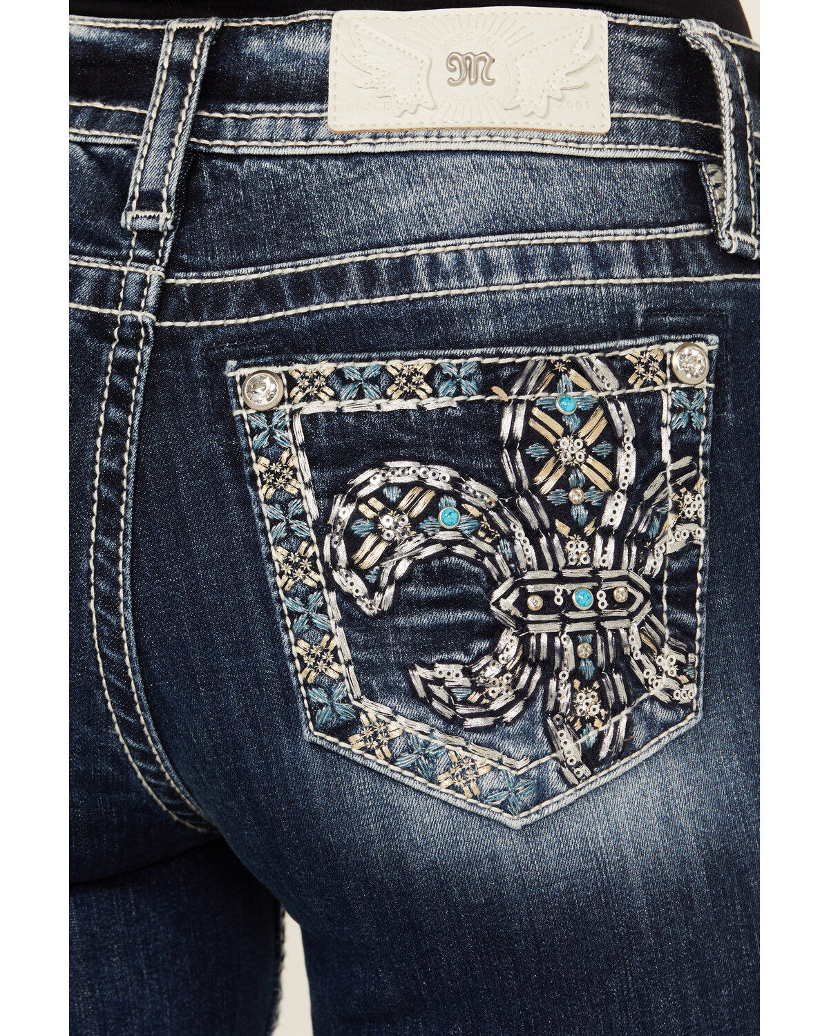Miss Me Women's Dark Wash Fleur de Lis Bootcut Stretch Denim Jeans
