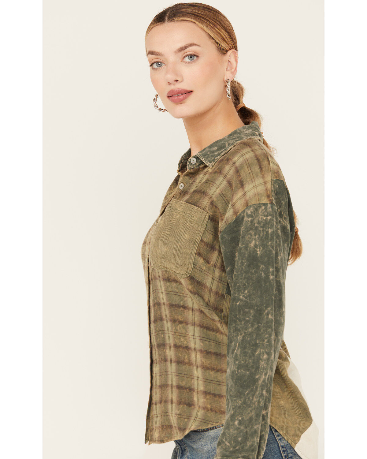 Mystree Women's Plaid Print Color Block Long Sleeve Button-Down Shirt