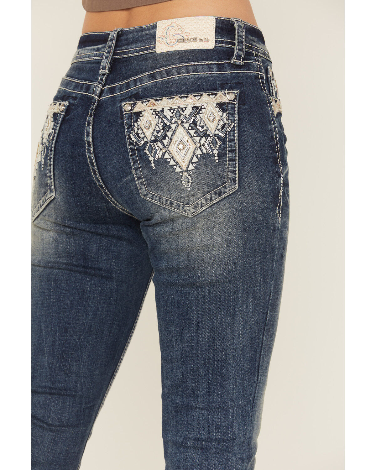 Grace in LA Women's Medium Wash Diamond Embroidered Mid Rise Bootcut Stretch Denim Jeans