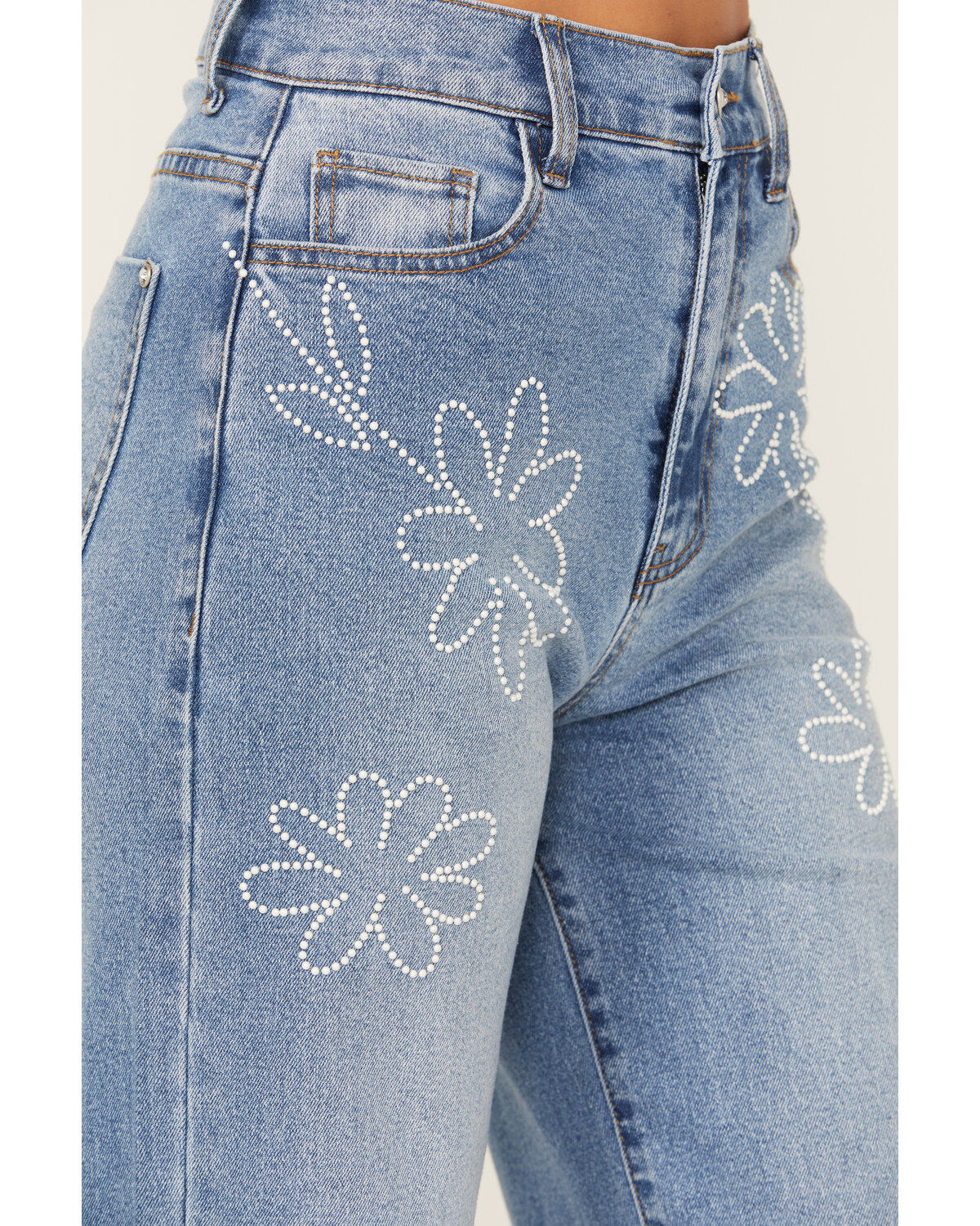 Vibrant Denim Women's Medium Wash High Rise Floral Stretch Wide Leg Jeans