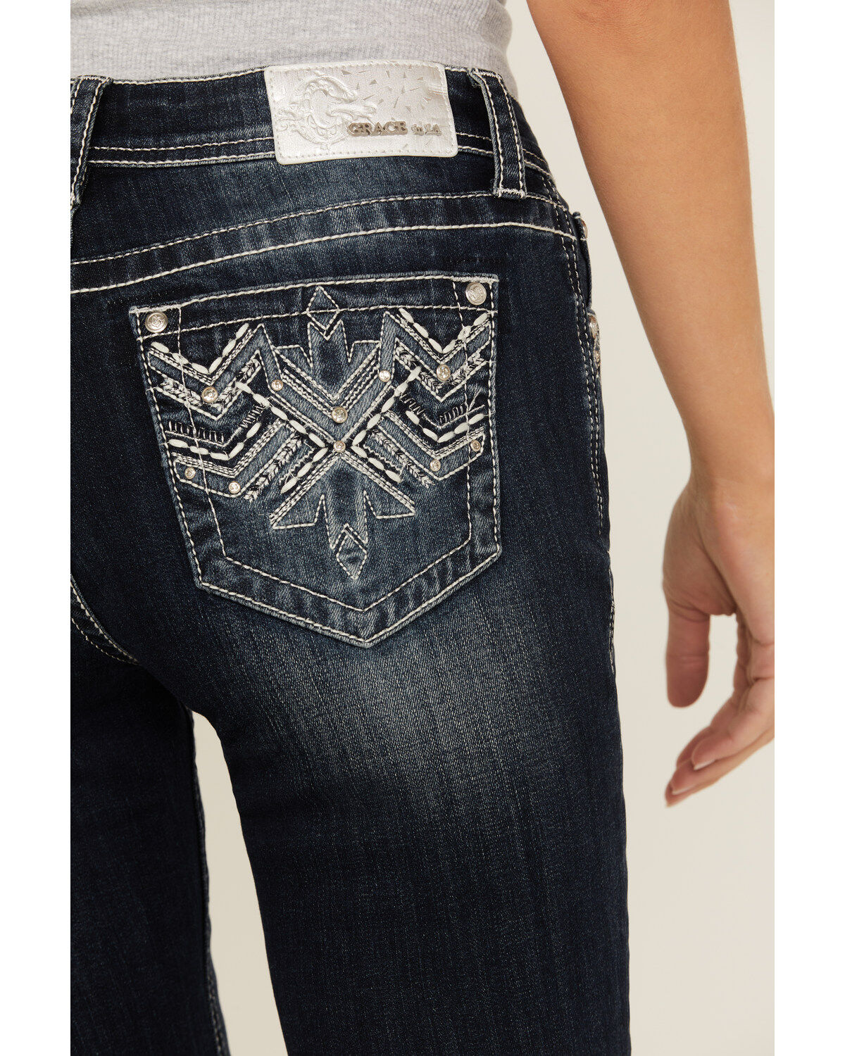 Grace in LA Women's Dark Wash Mid Rise Geo Pocket Bootcut Stretch Denim Jeans