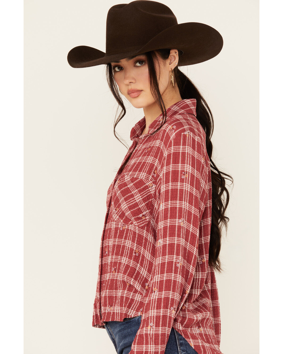 Beyond The Radar Women's Plaid Print Floral Long Sleeve Button-Down Shirt