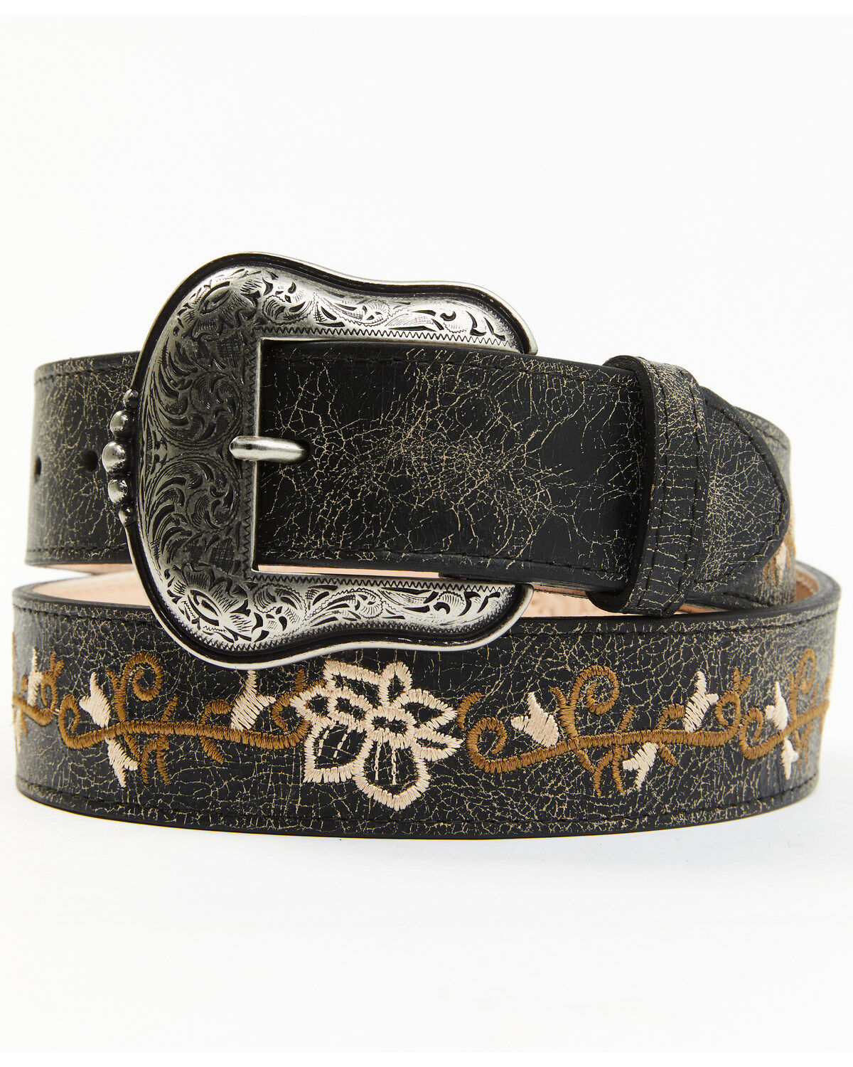 Shyanne Women's Floral Cream Embroidery Black Western Belt