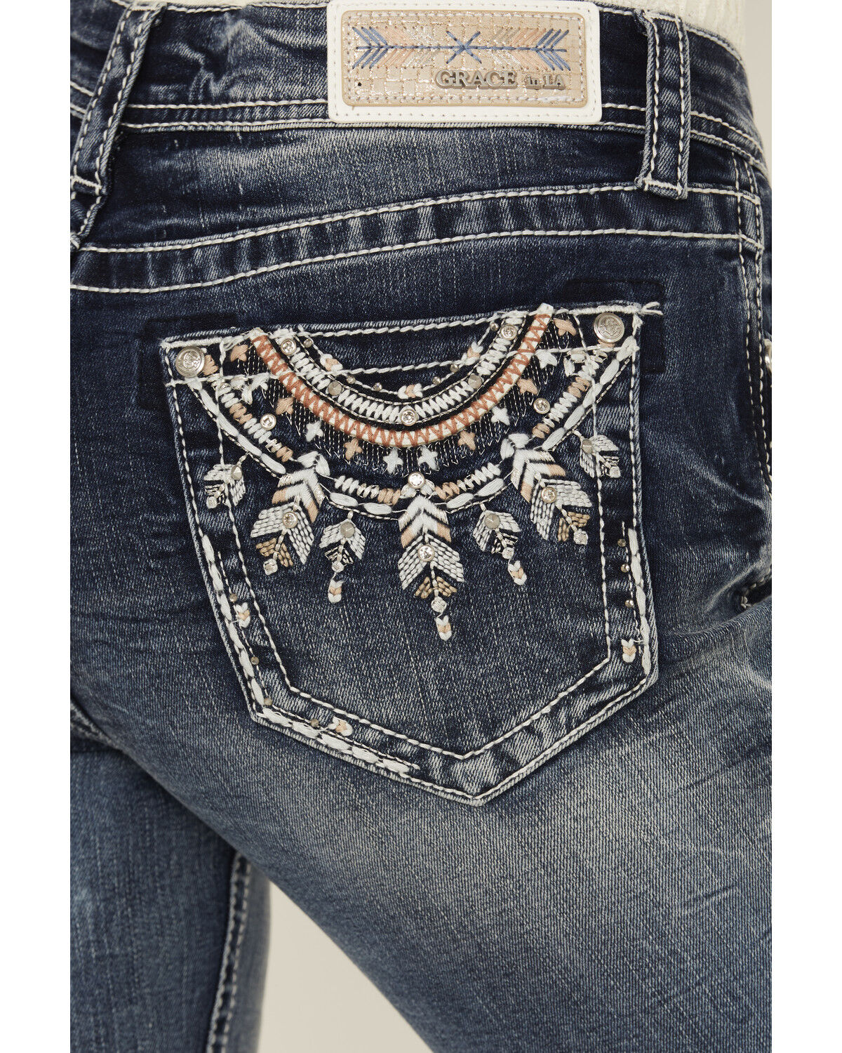 Grace in LA Women's Medium Wash Mid Rise Dreamcatcher Pocket Bootcut Stretch Denim Jeans