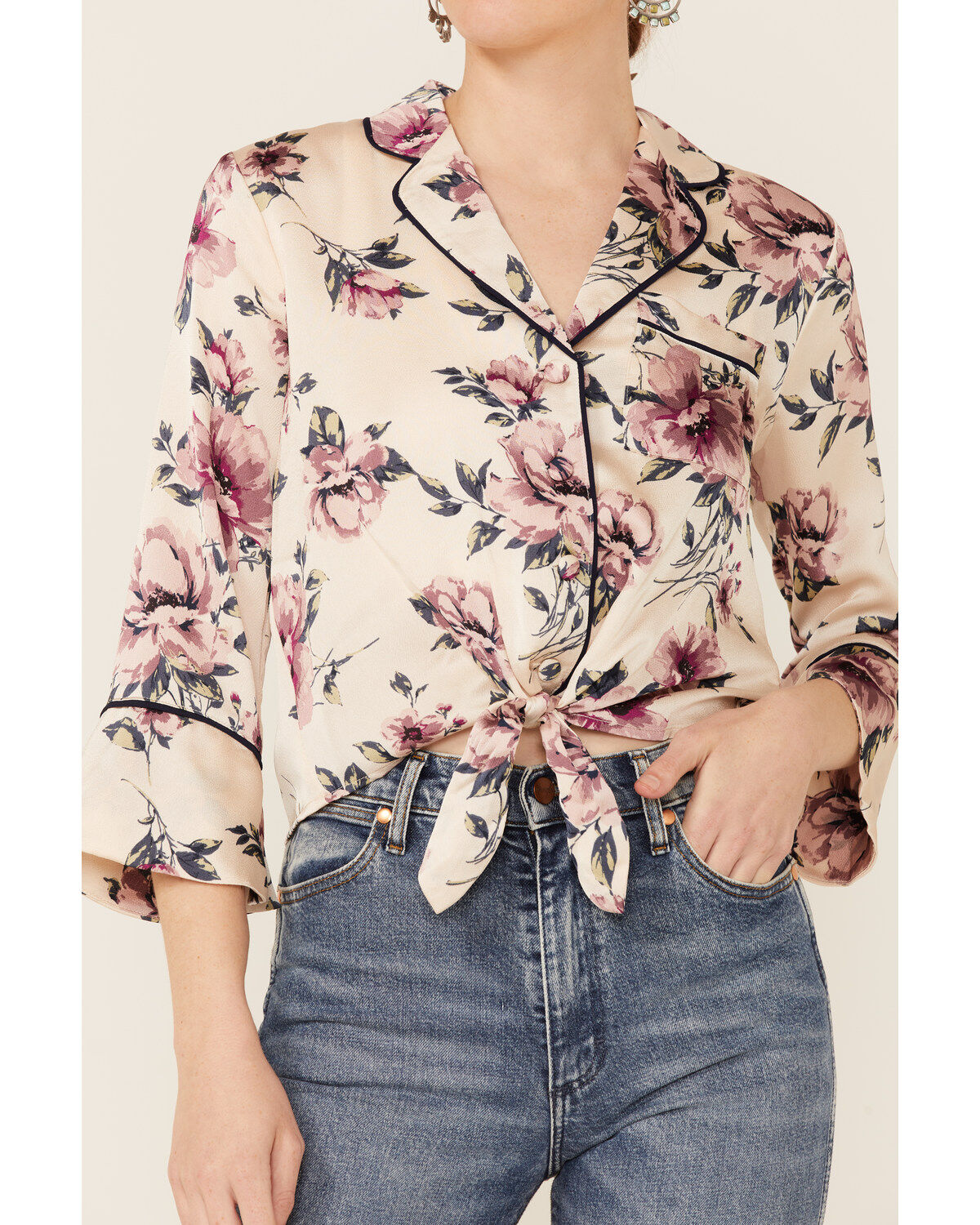 June & Hudson Women's Long Sleeve Satin Floral Tie Front Shirt