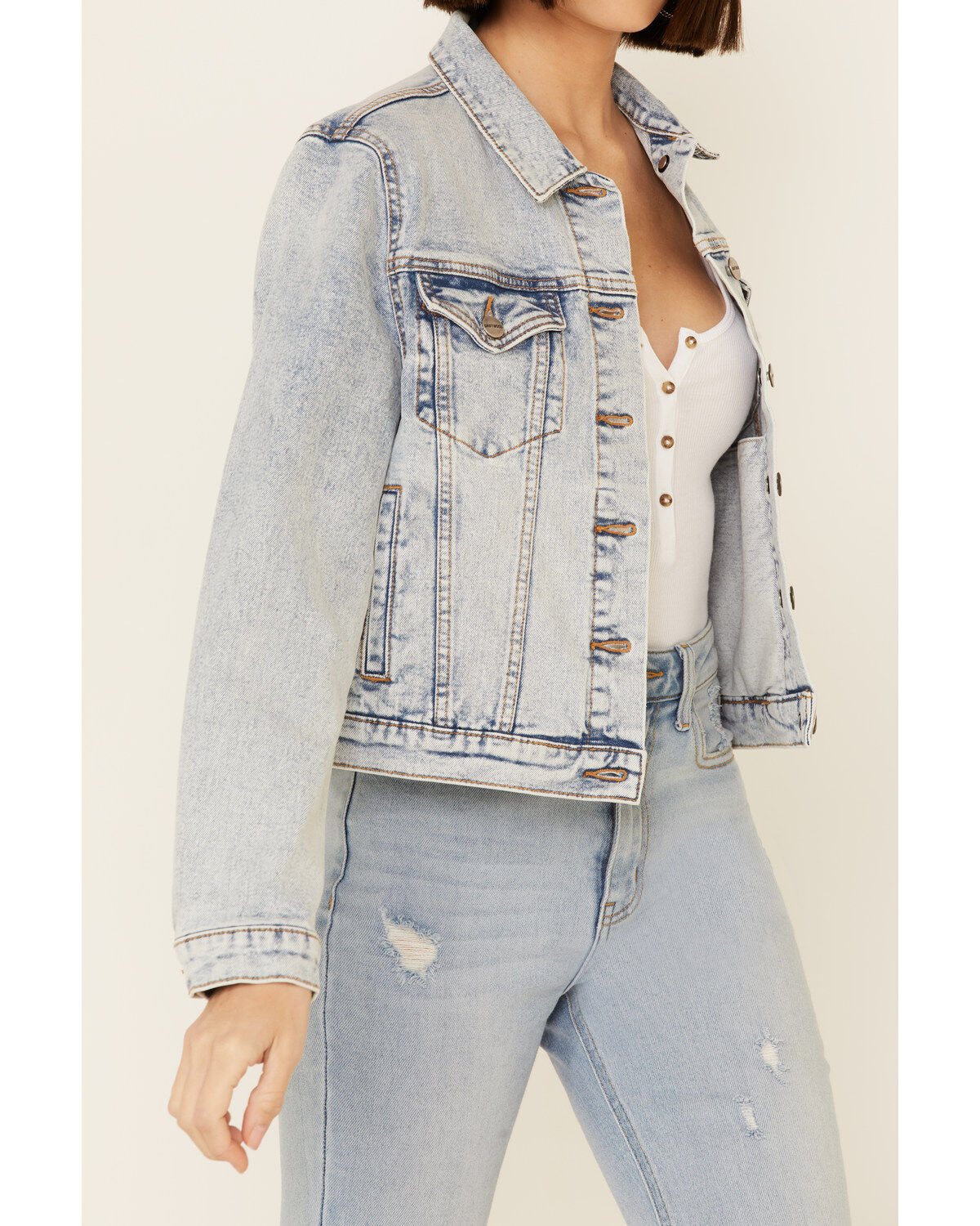 Driftwood Women's Light Wash Patchwork Cropped Button-Front Denim Jacket